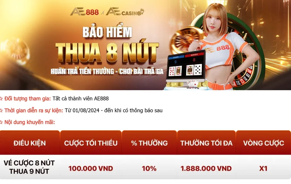 Hoàn cược thua giúp hội viên yên tâm chiến game casino tại AE888