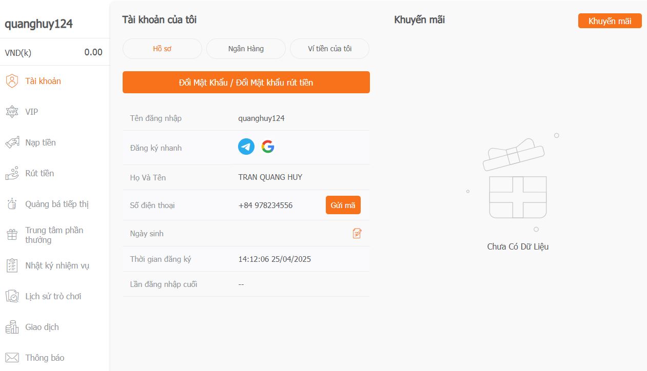 Giao diện chỉnh sửa và bổ sung thông tin cá nhân trong tài khoản AE888