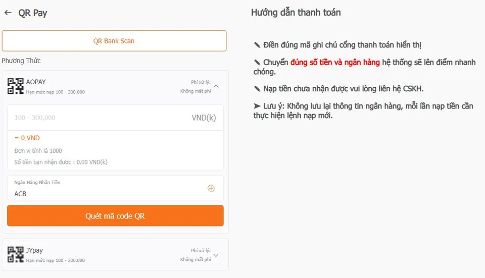 Lưu ý khách hàng cần nhớ trong lệnh nạp tiền AE888