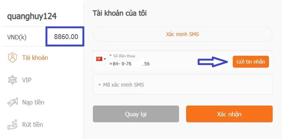 Tiến hành xác minh số điện thoại trước khi rút tiền Ae888